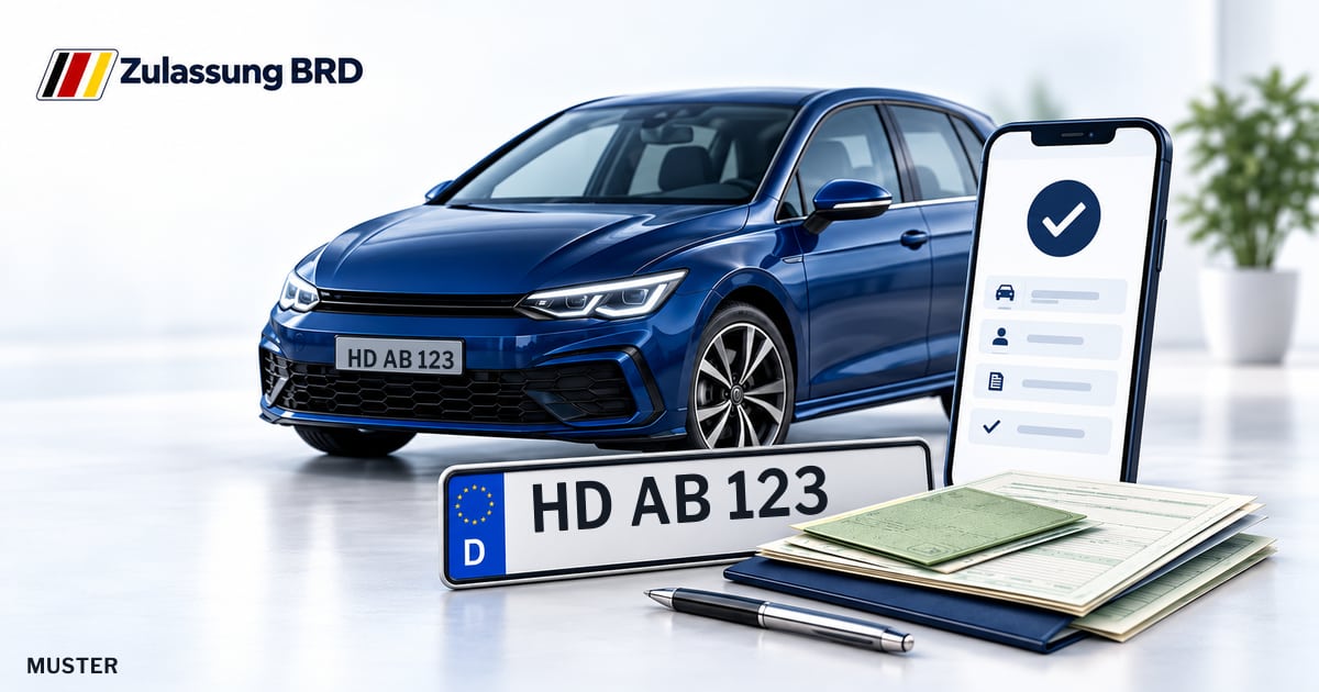 Online Fahrzeugzulassung in Eppelheim: Musterkennzeichen HD AB 123, Auto und Fahrzeugpapiere und Smartphone. Illustration mit Logo von Zulassung BRD.